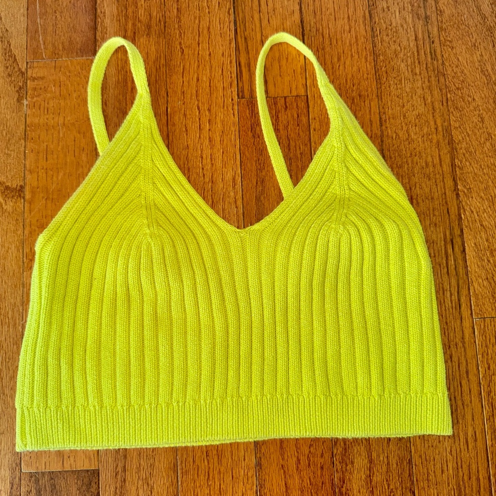 Free People Neon Lime Ribbed V-Neck Knit Top